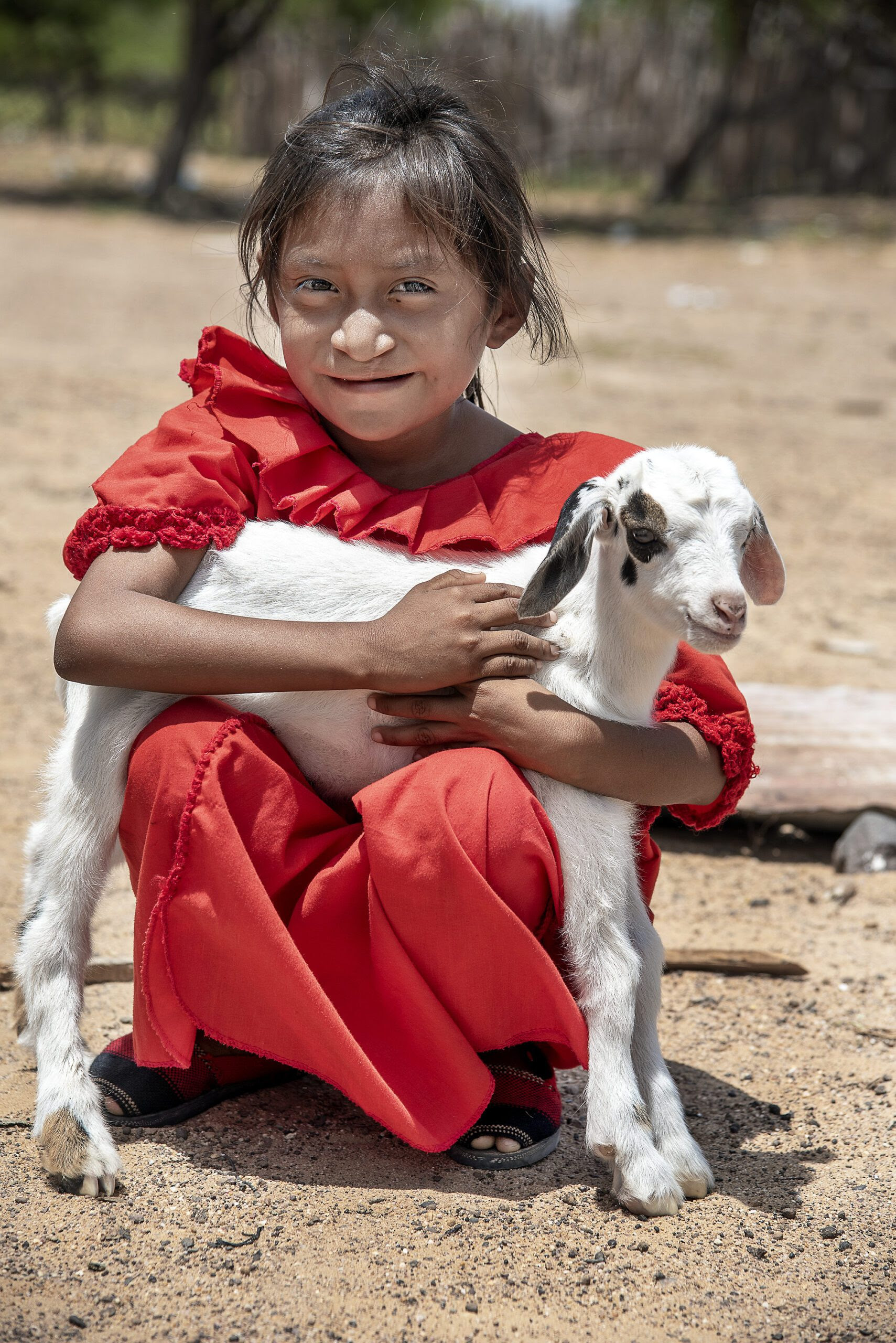 Lexxi after her cleft lip and cleft palate surgery holding a goat